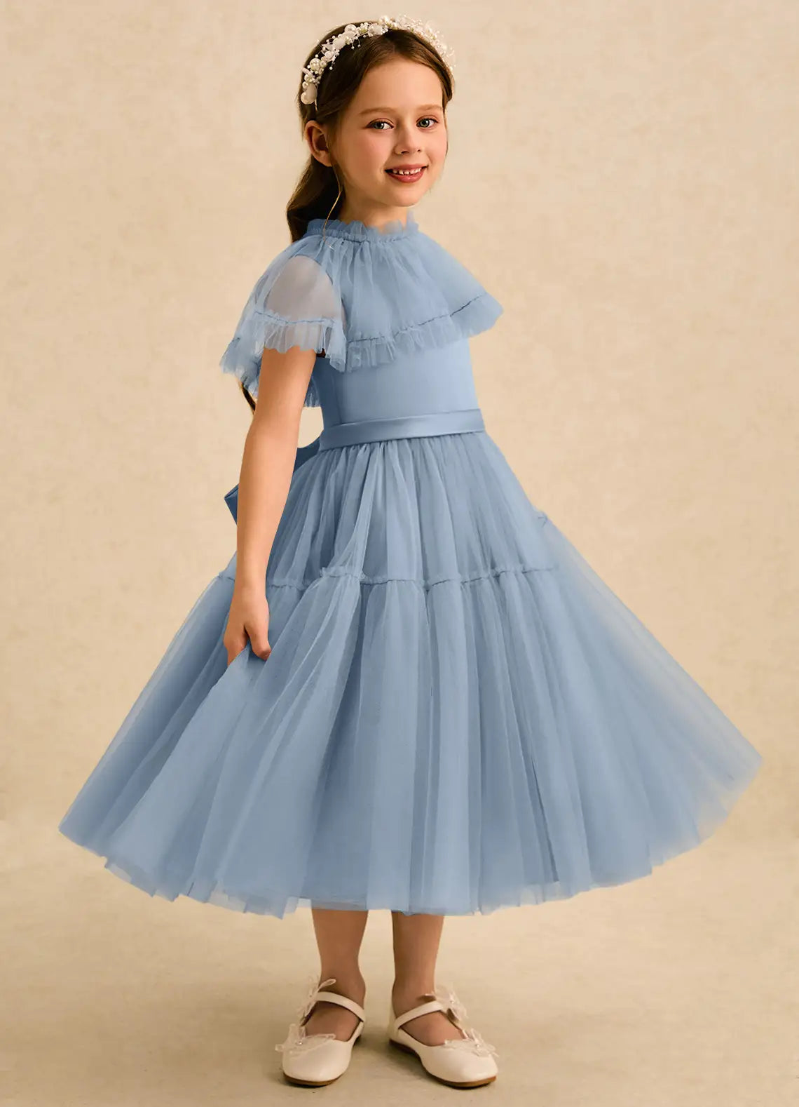 High Neck Ruffled Short Sleeve Dusty Blue Tulle Midi Length Flower Girl Dresses with Back Bow
