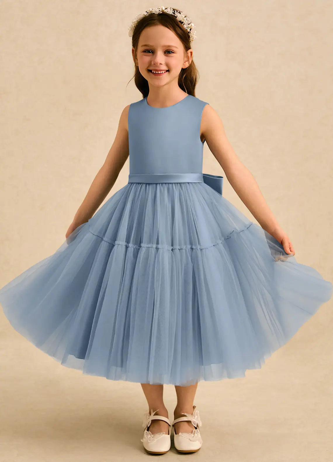 High Neck Ruffled Short Sleeve Dusty Blue Tulle Midi Length Flower Girl Dresses with Back Bow