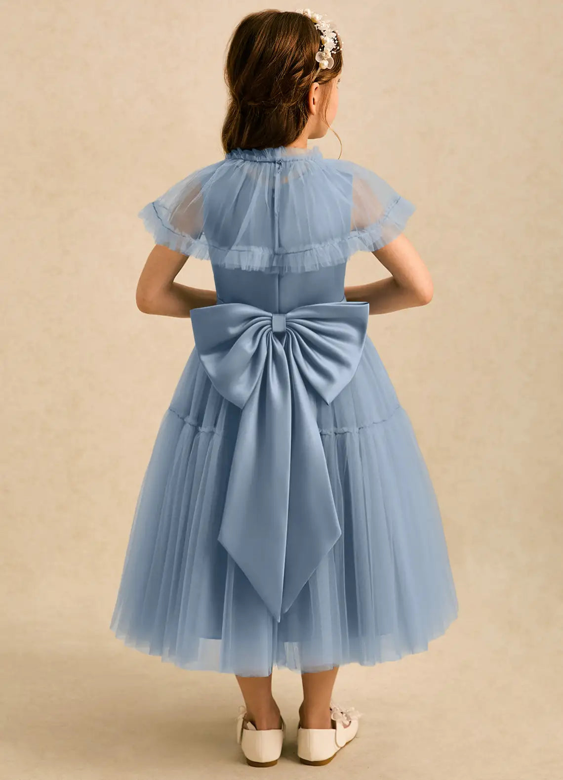 High Neck Ruffled Short Sleeve Dusty Blue Tulle Midi Length Flower Girl Dresses with Back Bow