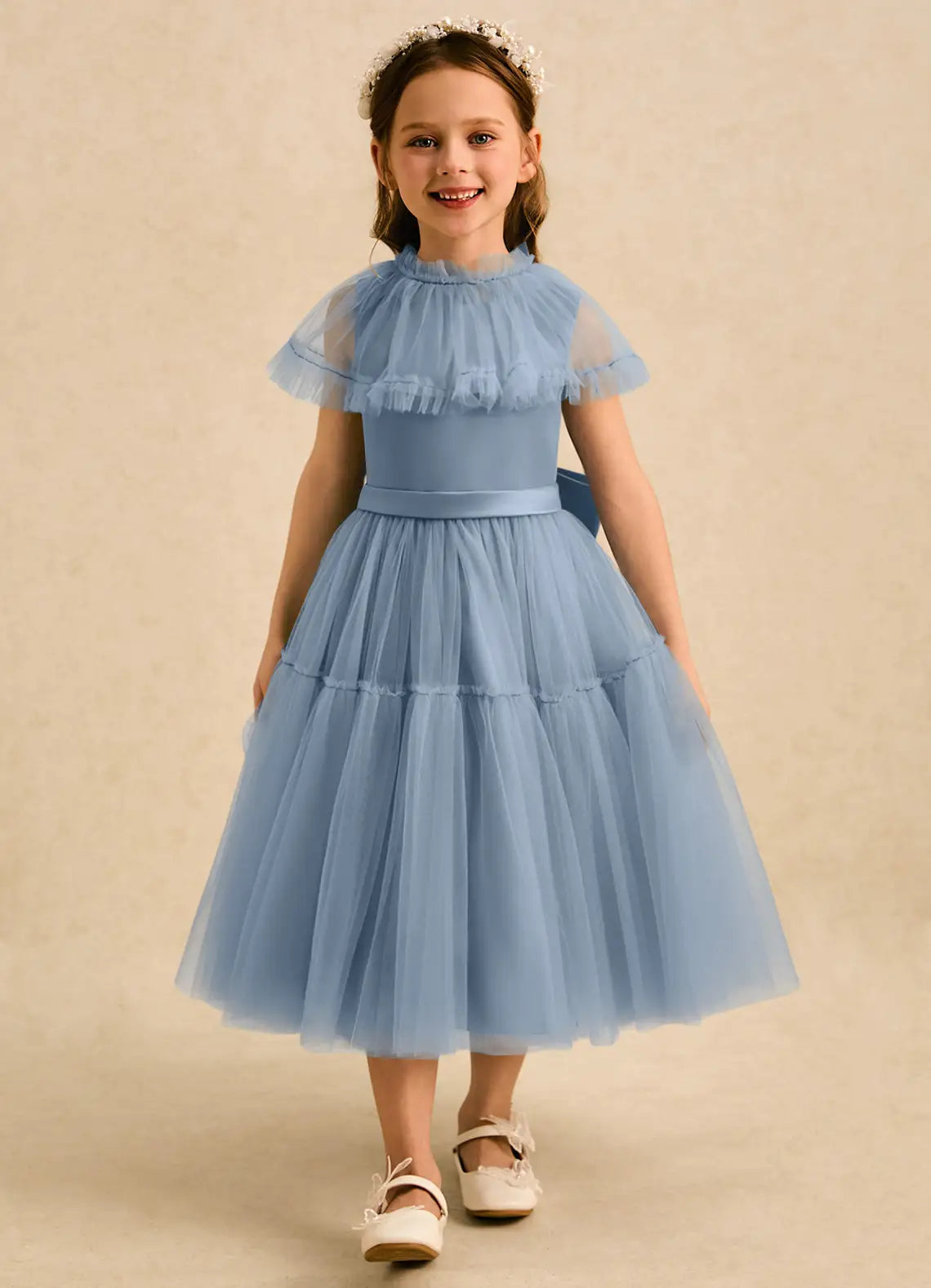 High Neck Ruffled Short Sleeve Dusty Blue Tulle Midi Length Flower Girl Dresses with Back Bow