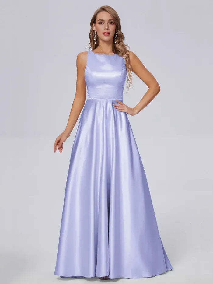High Neck Satin Spaghetti Strap Pocket A Line Floor Length Bridesmaid Dress