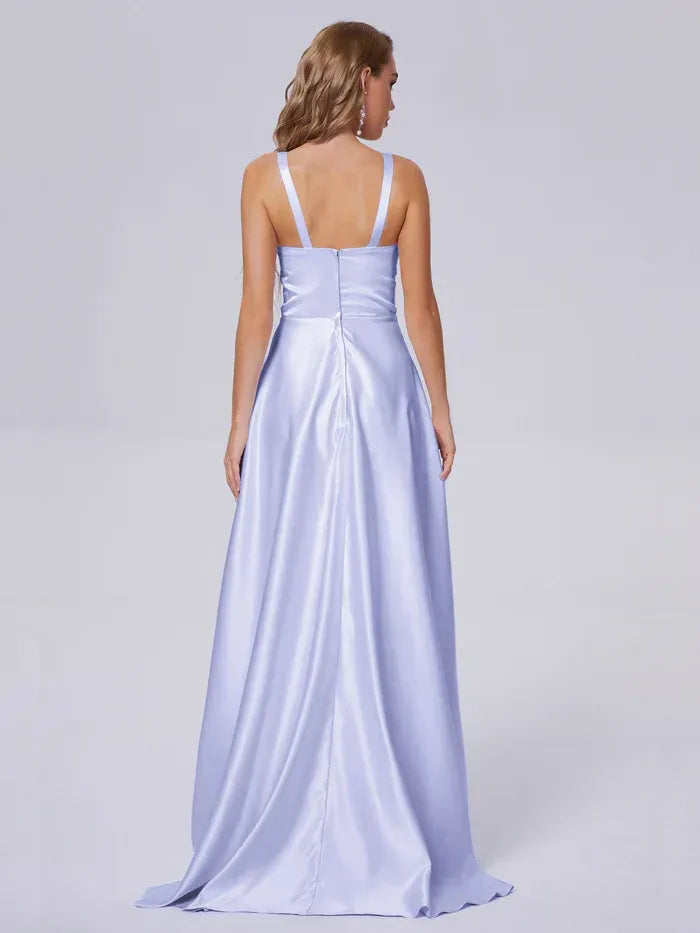 High Neck Satin Spaghetti Strap Pocket A Line Floor Length Bridesmaid Dress