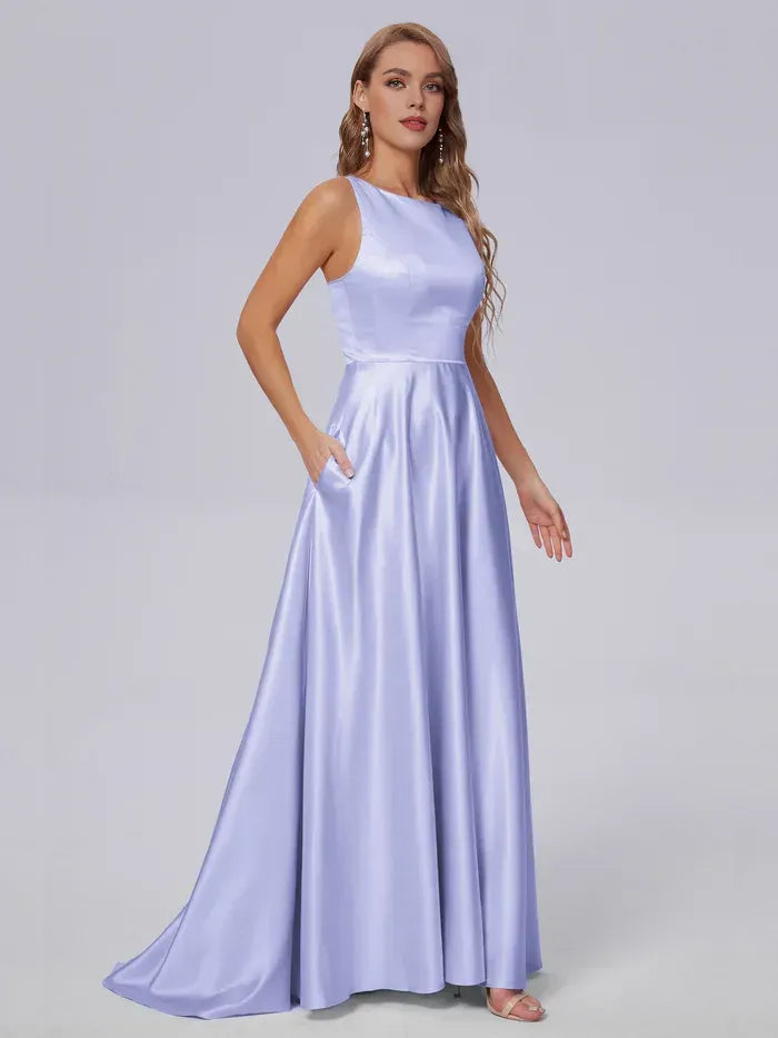 High Neck Satin Spaghetti Strap Pocket A Line Floor Length Bridesmaid Dress