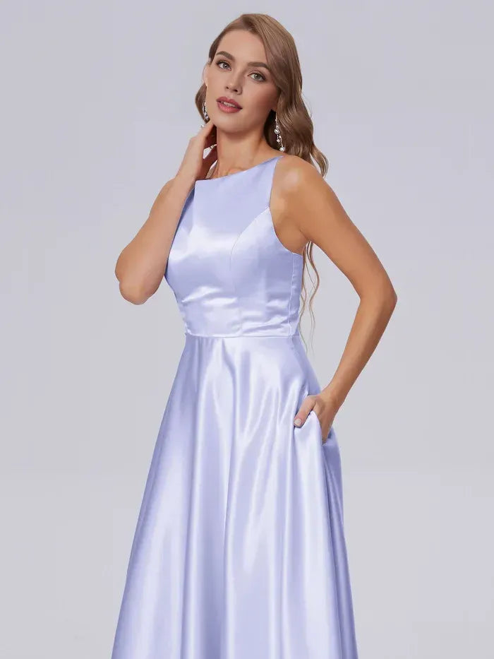 High Neck Satin Spaghetti Strap Pocket A Line Floor Length Bridesmaid Dress
