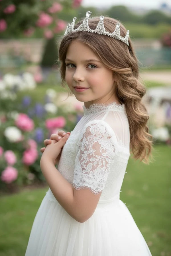 High Neck Short Sleeve Lace White Tulle Full Length First Communion Dresses