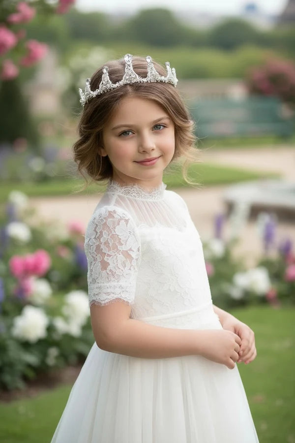 High Neck Short Sleeve Lace White Tulle Full Length First Communion Dresses