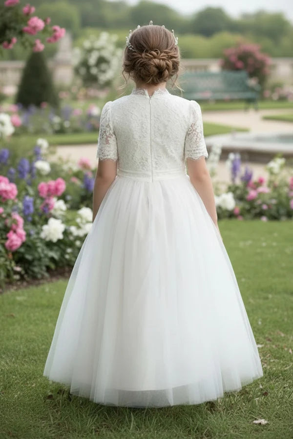 High Neck Short Sleeve Lace White Tulle Full Length First Communion Dresses