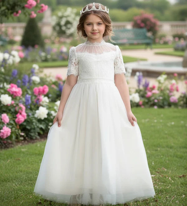 High Neck Short Sleeve Lace White Tulle Full Length First Communion Dresses