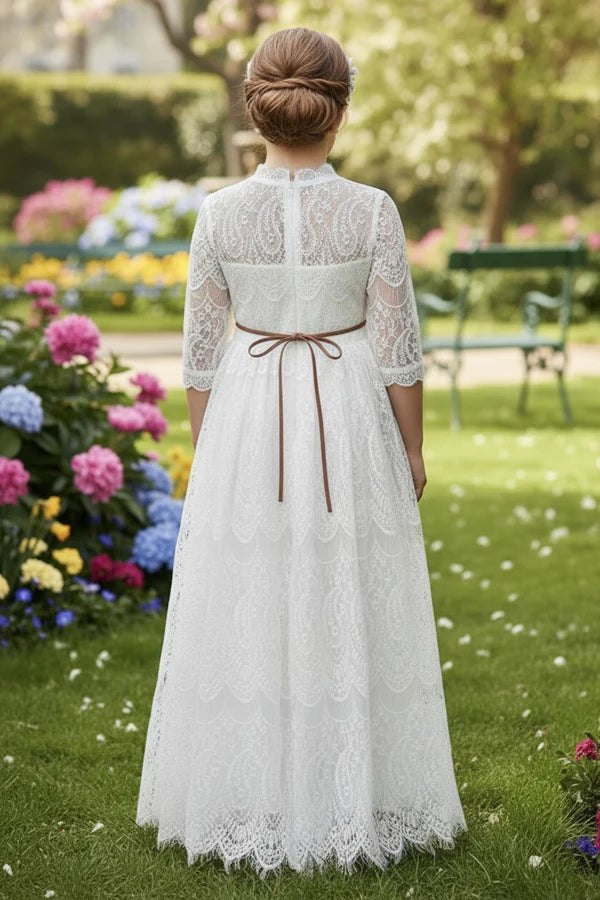 High Neck Three Quarter Sleeve White Lace Full Length First Communion Dresses