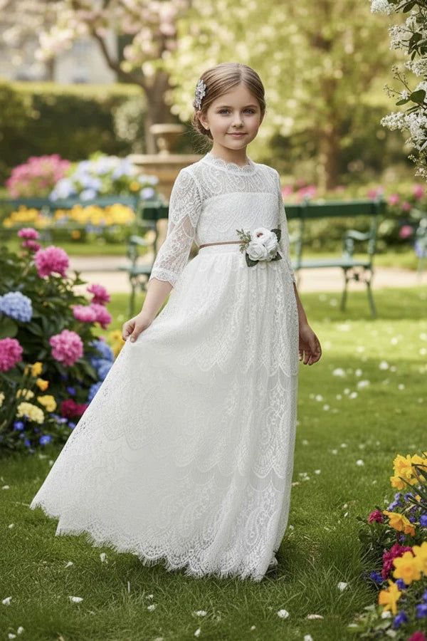 High Neck Three Quarter Sleeve White Lace Full Length First Communion Dresses