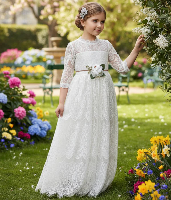 High Neck Three Quarter Sleeve White Lace Full Length First Communion Dresses
