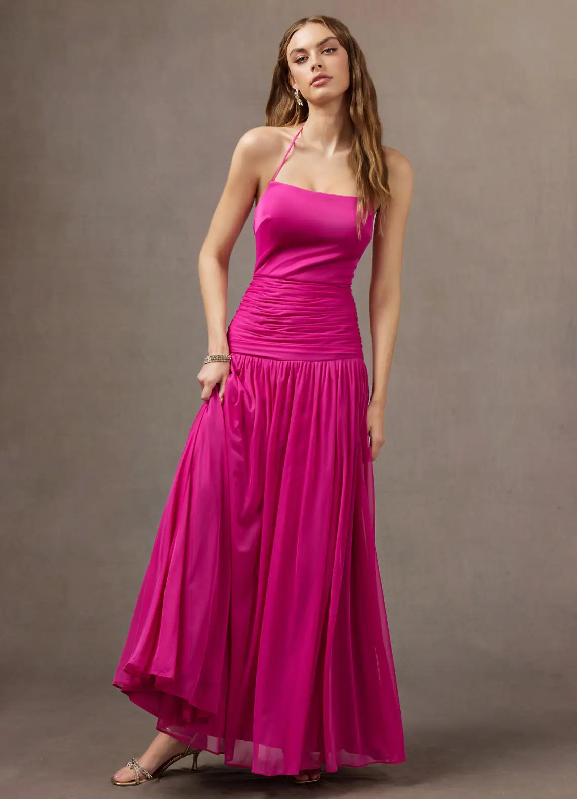 Hot Pink Halter Square Ruched Waist Flowy Mesh Maxi Bridesmaid Dress