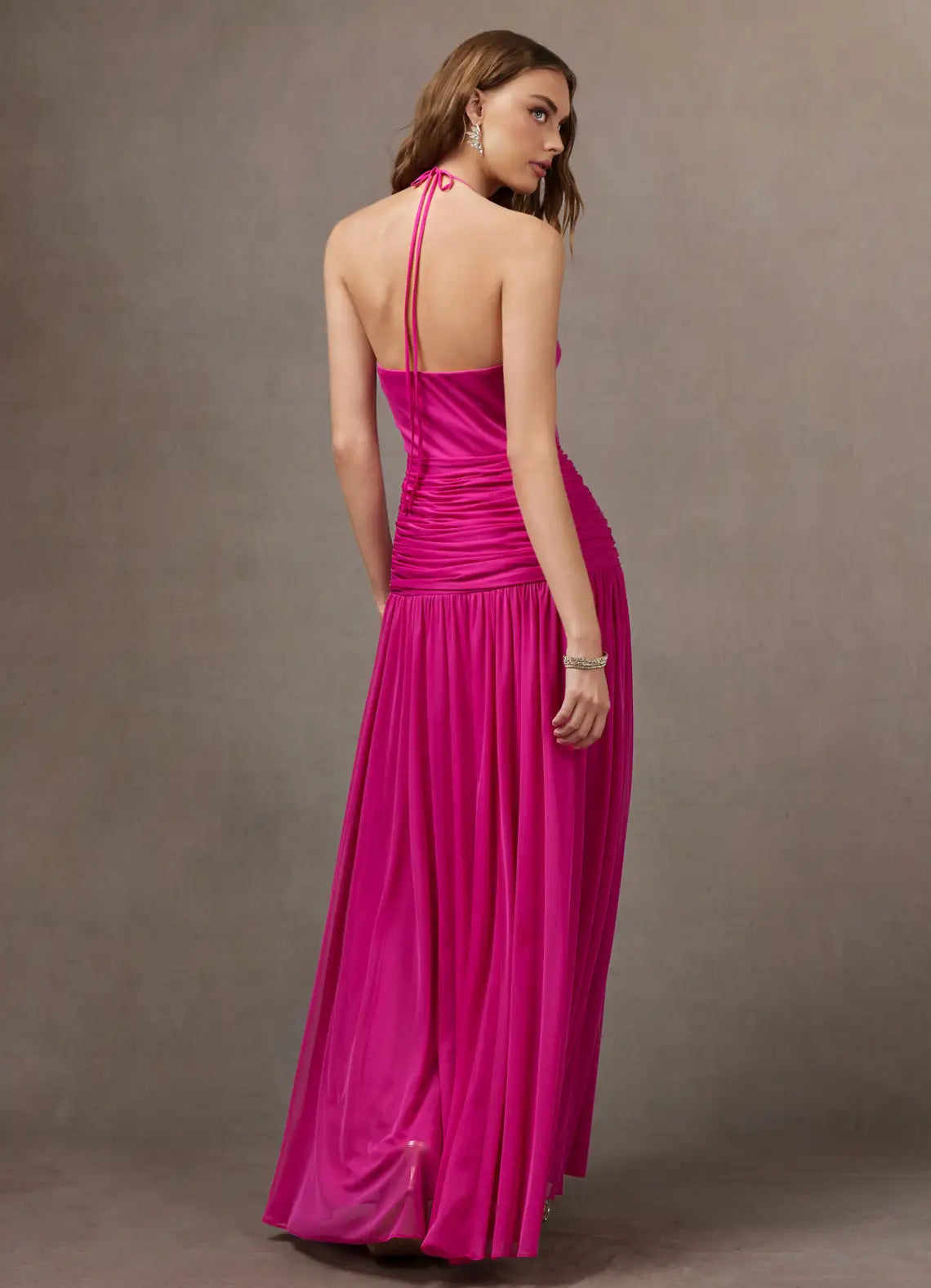 Hot Pink Halter Square Ruched Waist Flowy Mesh Maxi Bridesmaid Dress
