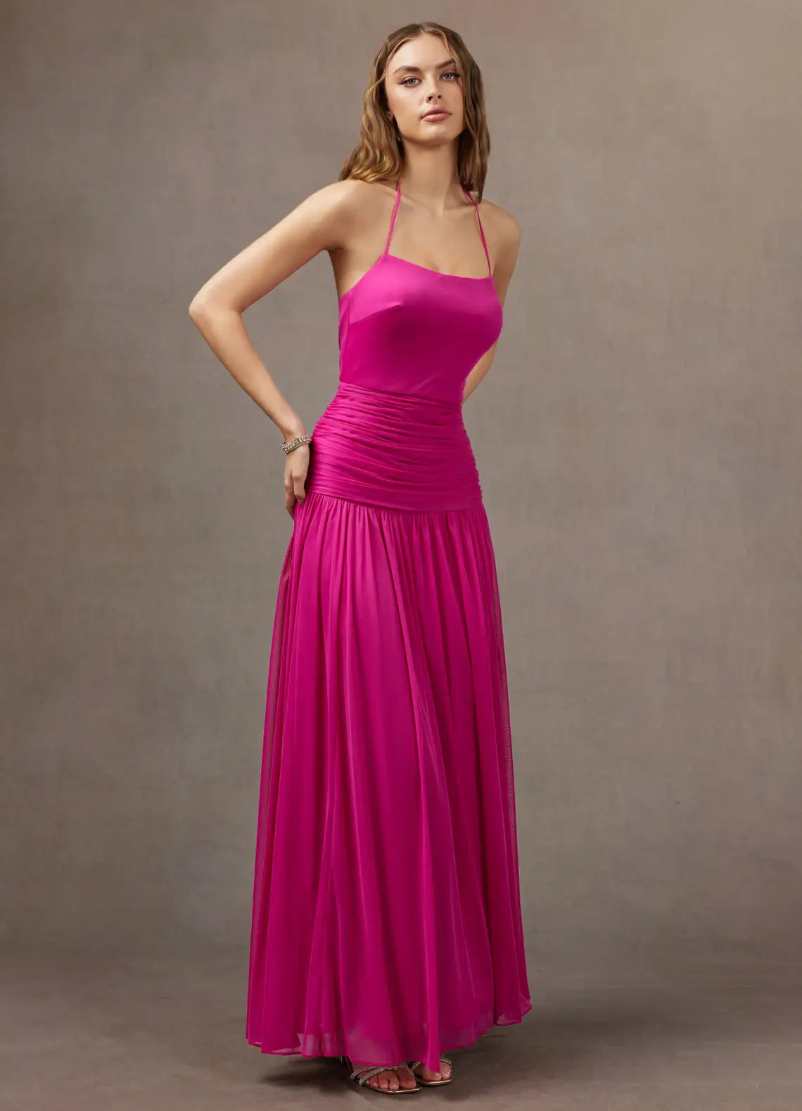 Hot Pink Halter Square Ruched Waist Flowy Mesh Maxi Bridesmaid Dress