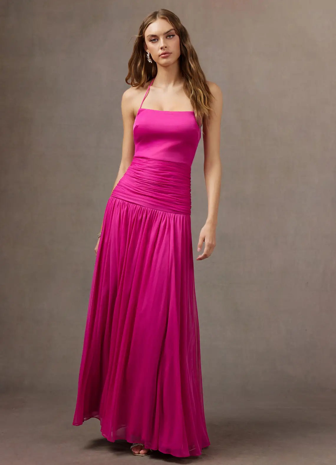 Hot Pink Halter Square Ruched Waist Flowy Mesh Maxi Bridesmaid Dress
