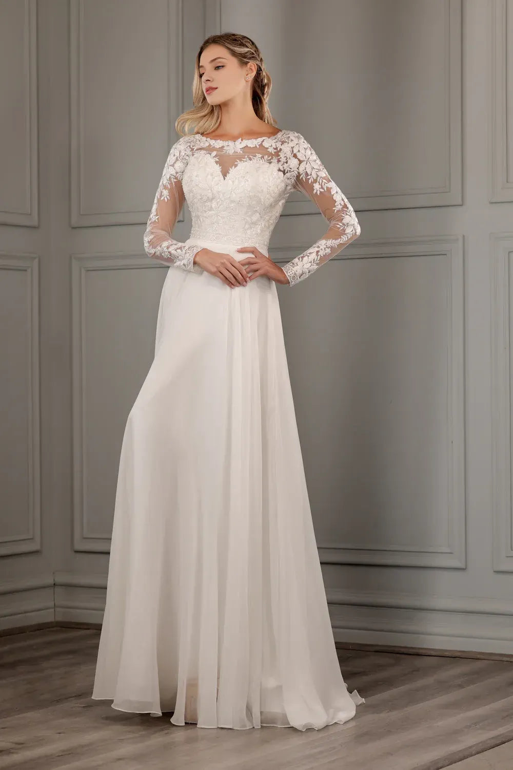 Illusion‑Bateau Long‑Sleeve Floral‑Lace Chiffon A‑Line Wedding Dress For Modest Church Wedding