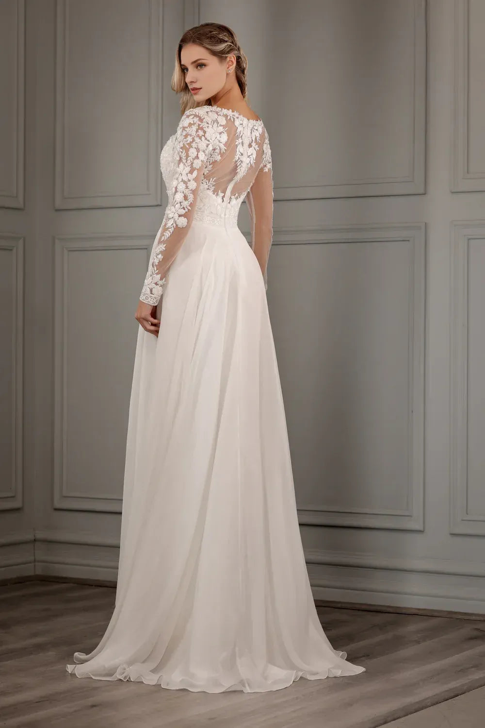 Illusion‑Bateau Long‑Sleeve Floral‑Lace Chiffon A‑Line Wedding Dress For Modest Church Wedding