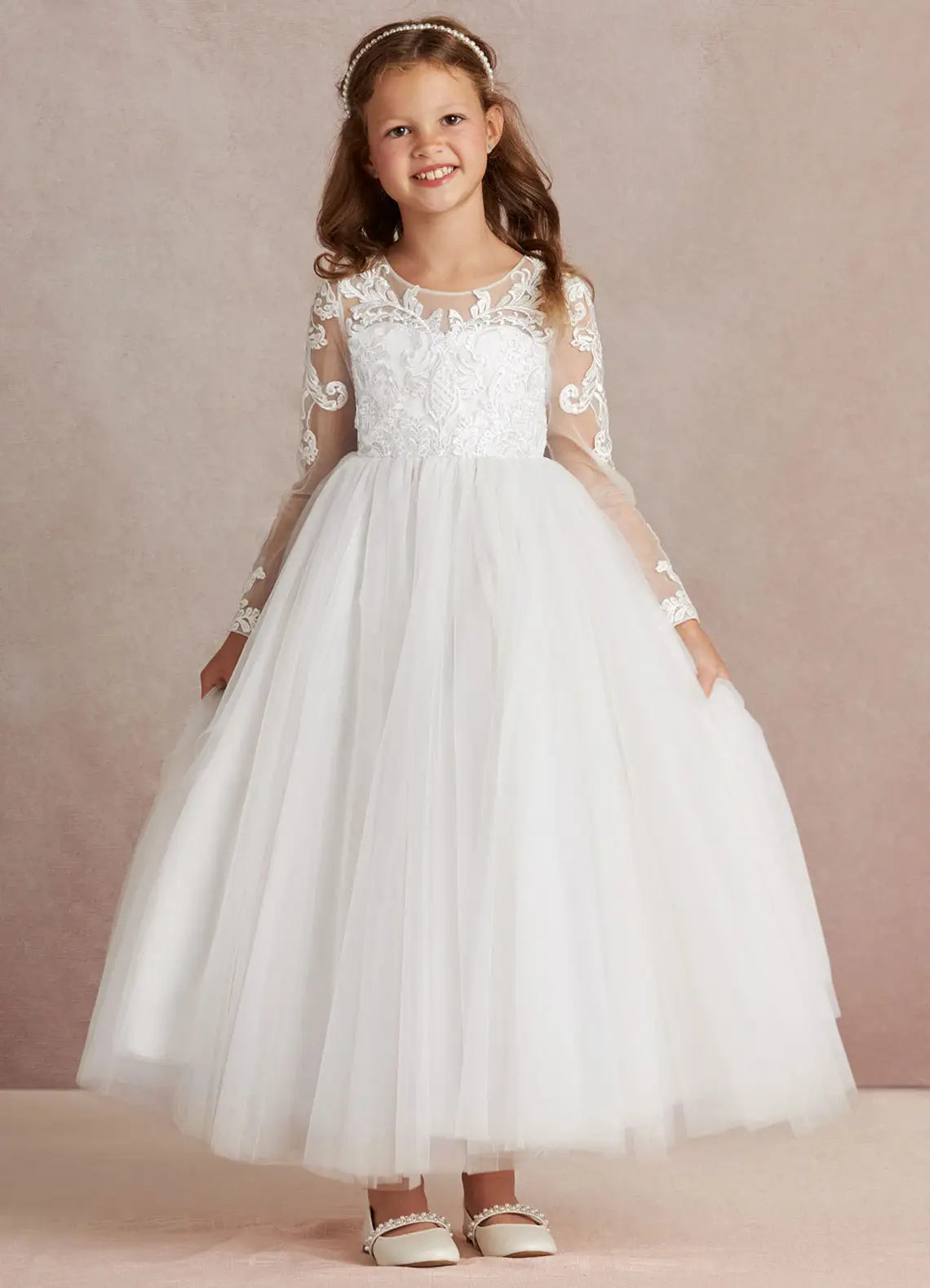Illusion Long Sleeve Lace Round Neck Back Big Bow White Tulle Floor-Length Flower Girl Dresses