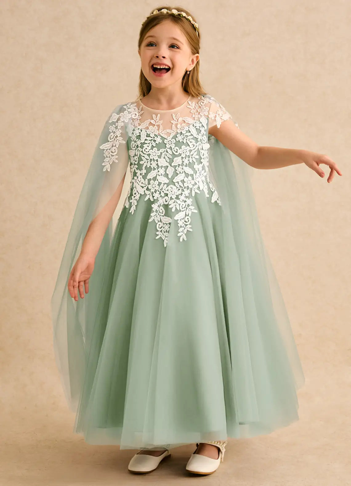 Illusion Neck Cap Sleeve Sage Green Tulle Full-Length Flower Girl Dresses with Detachable Sheer Cape and Lace Appliques