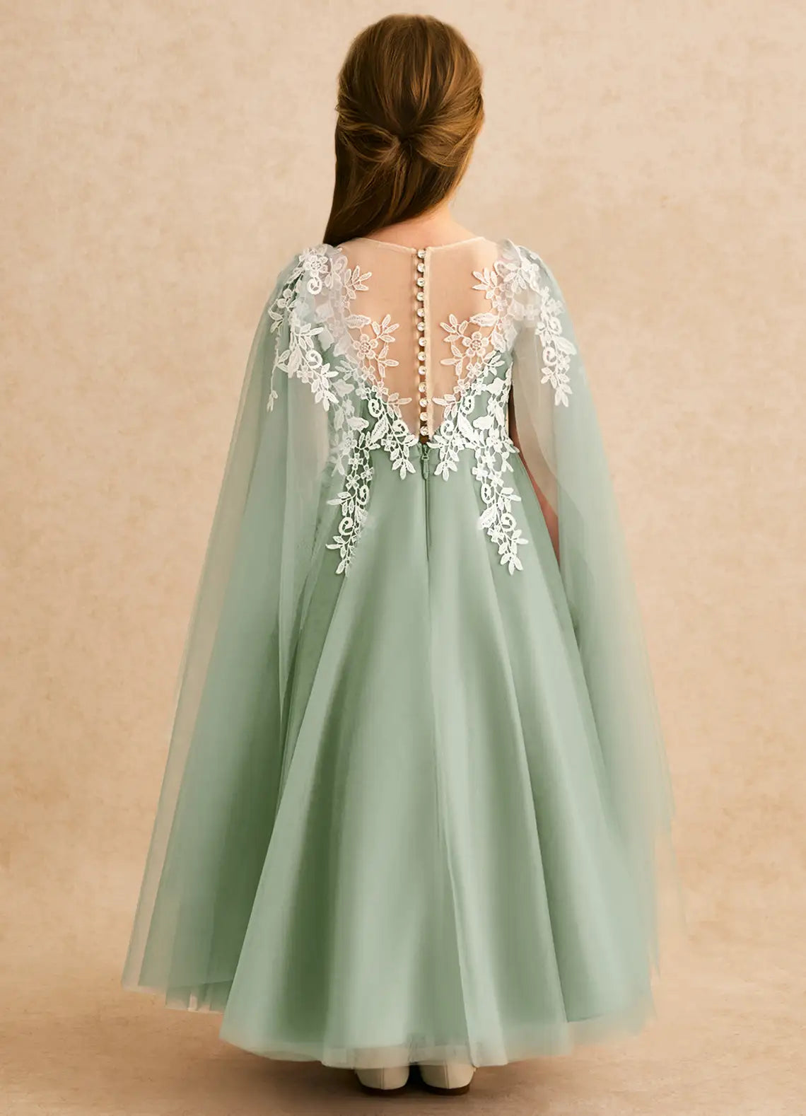 Illusion Neck Cap Sleeve Sage Green Tulle Full-Length Flower Girl Dresses with Detachable Sheer Cape and Lace Appliques