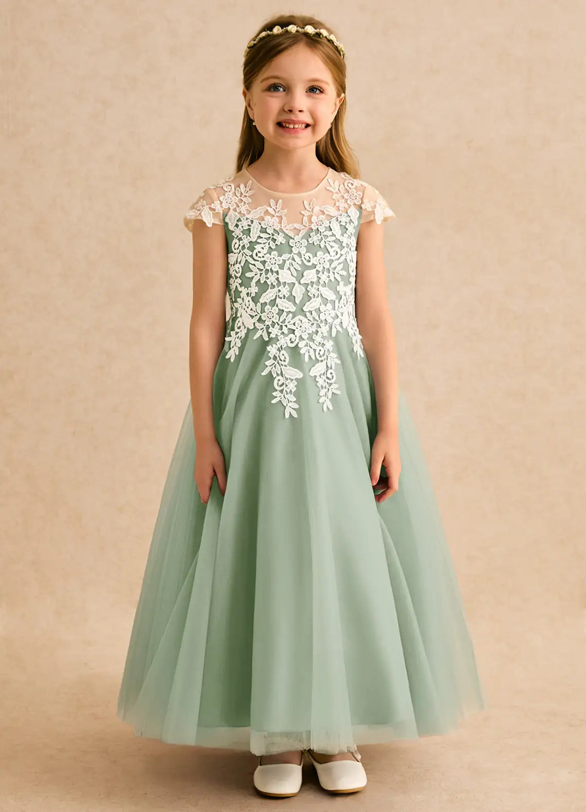 Illusion Neck Cap Sleeve Sage Green Tulle Full-Length Flower Girl Dresses with Detachable Sheer Cape and Lace Appliques