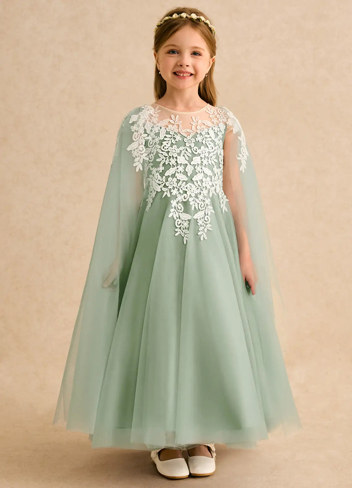 Illusion Neck Cap Sleeve Sage Green Tulle Full-Length Flower Girl Dresses with Detachable Sheer Cape and Lace Appliques