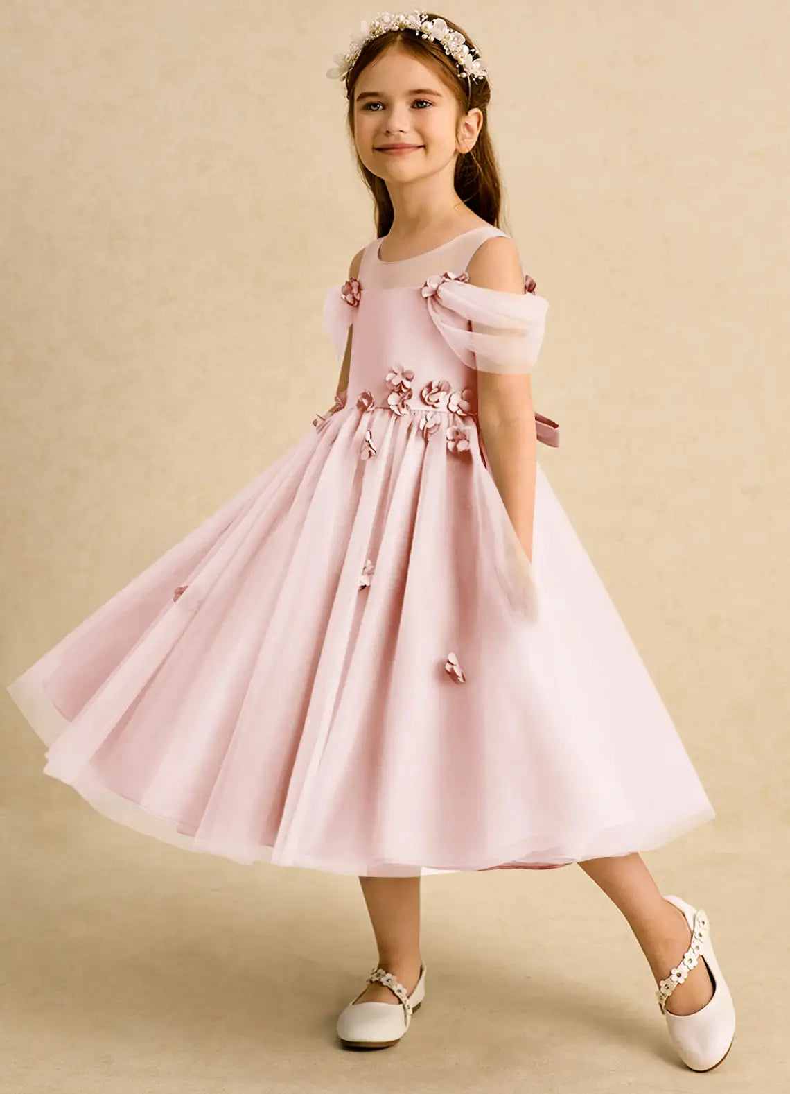 Illusion Neck Cold Shoulder Blush Tulle Midi-Length Flower Girl Dresses with 3D Florals and Back Bow