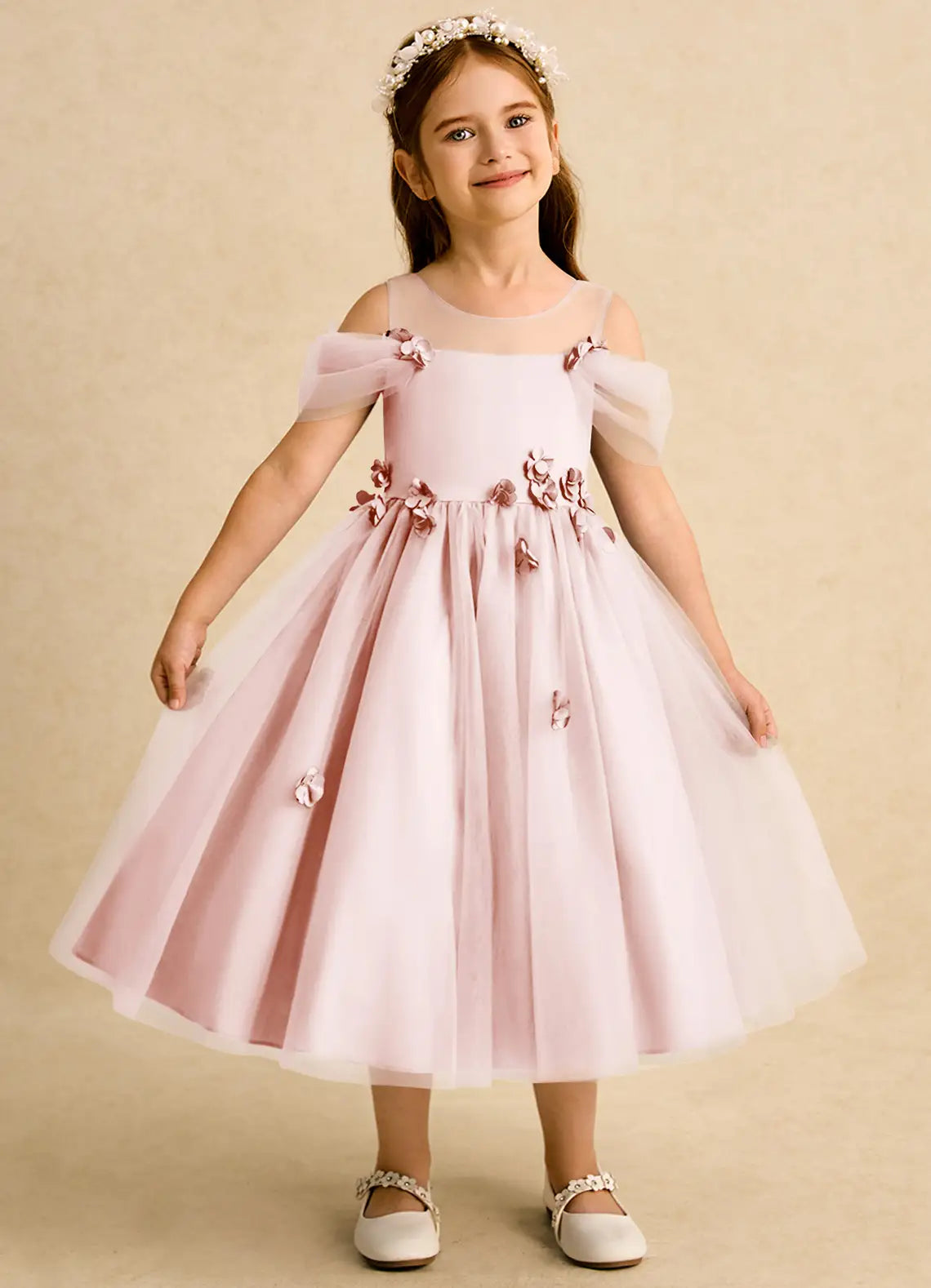 Illusion Neck Cold Shoulder Blush Tulle Midi-Length Flower Girl Dresses with 3D Florals and Back Bow