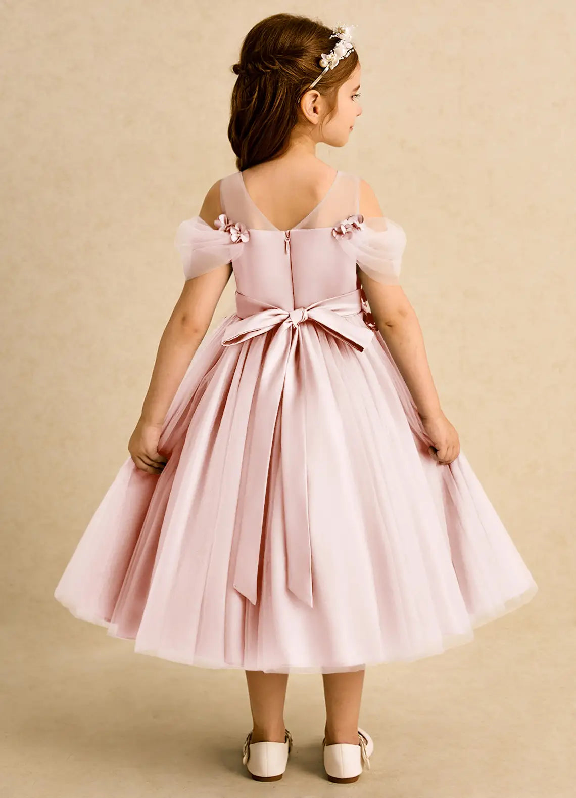 Illusion Neck Cold Shoulder Blush Tulle Midi-Length Flower Girl Dresses with 3D Florals and Back Bow