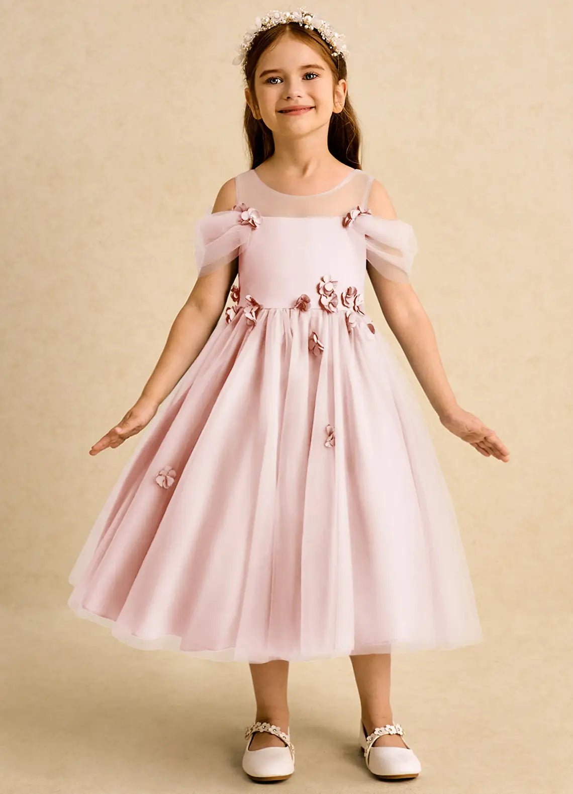 Illusion Neck Cold Shoulder Blush Tulle Midi-Length Flower Girl Dresses with 3D Florals and Back Bow