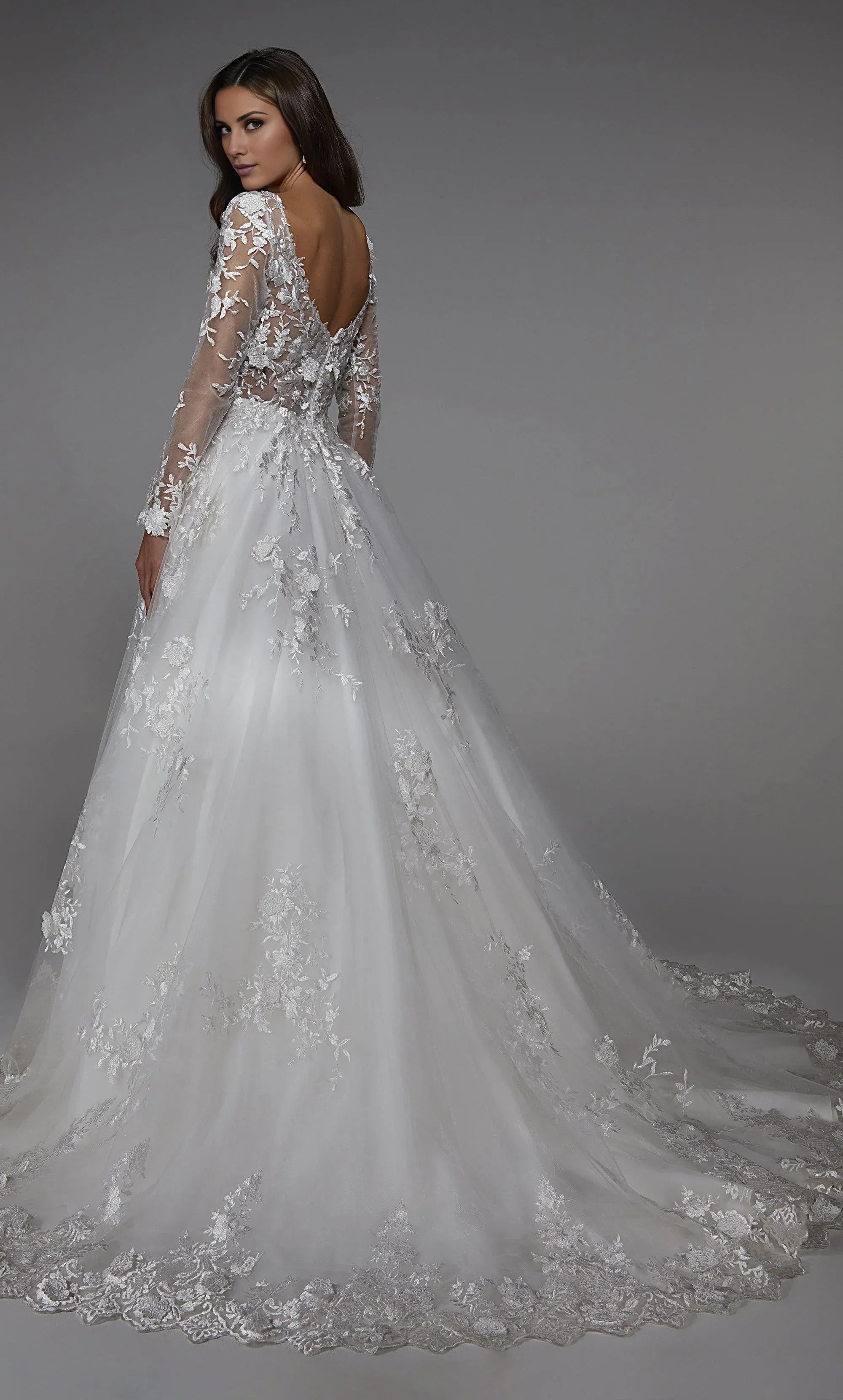 Illusion‑Neck Long‑Sleeve Floral‑Lace Tulle A‑Line Wedding Dress For Formal Wedding