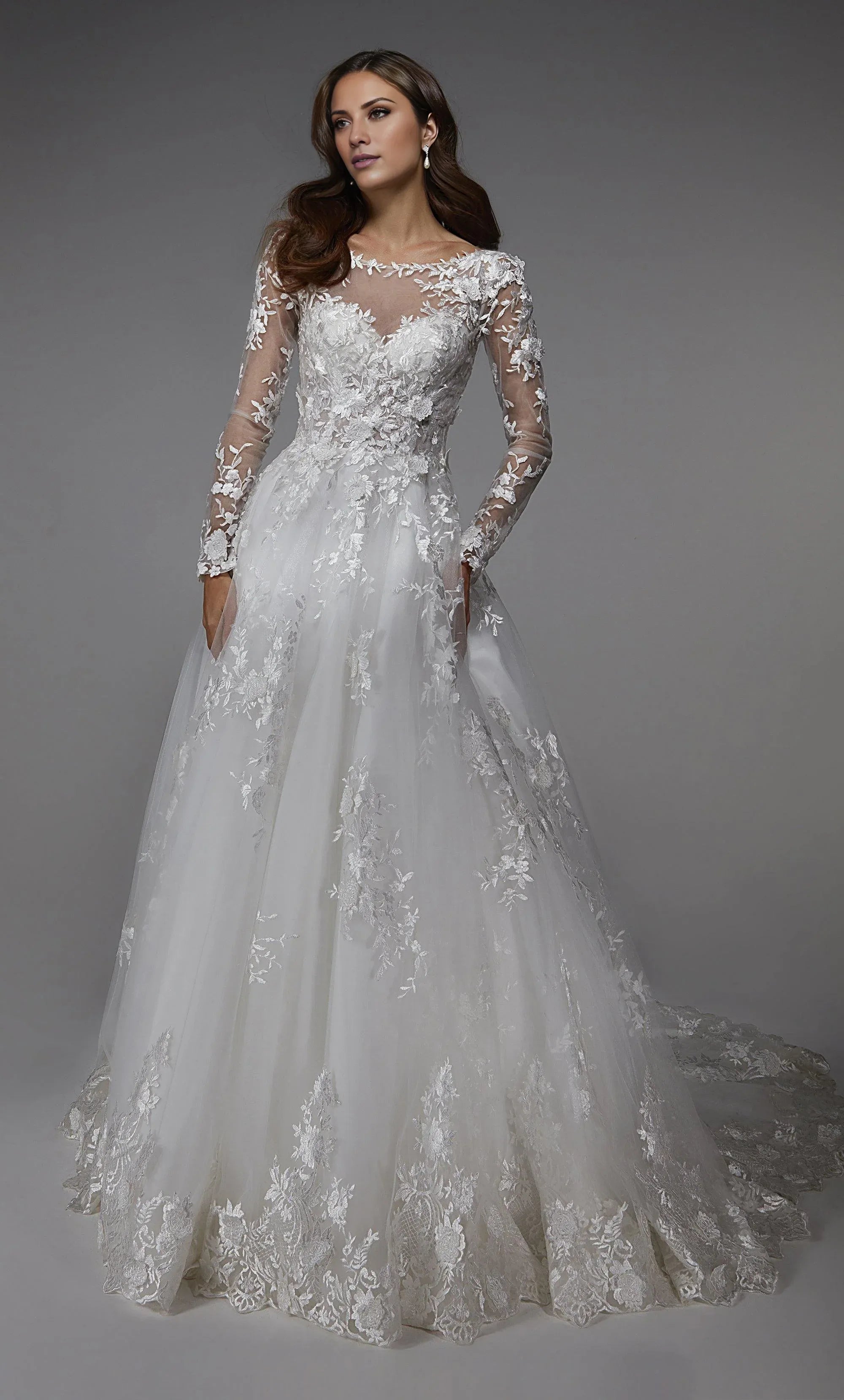 Illusion‑Neck Long‑Sleeve Floral‑Lace Tulle A‑Line Wedding Dress For Formal Wedding