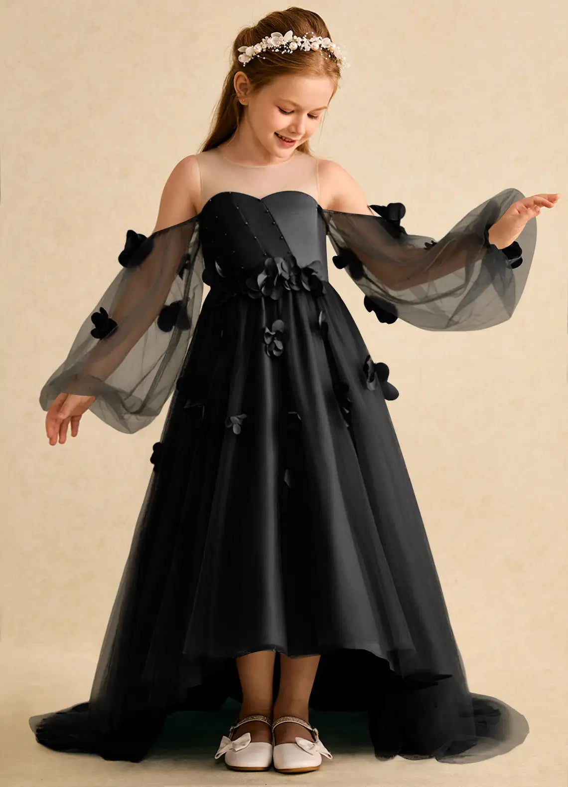 Illusion Neck Off-The-Shoulder Puff Tulle Sleeves 3D Floral Black Tulle High Low Train Flower Girl Dresses