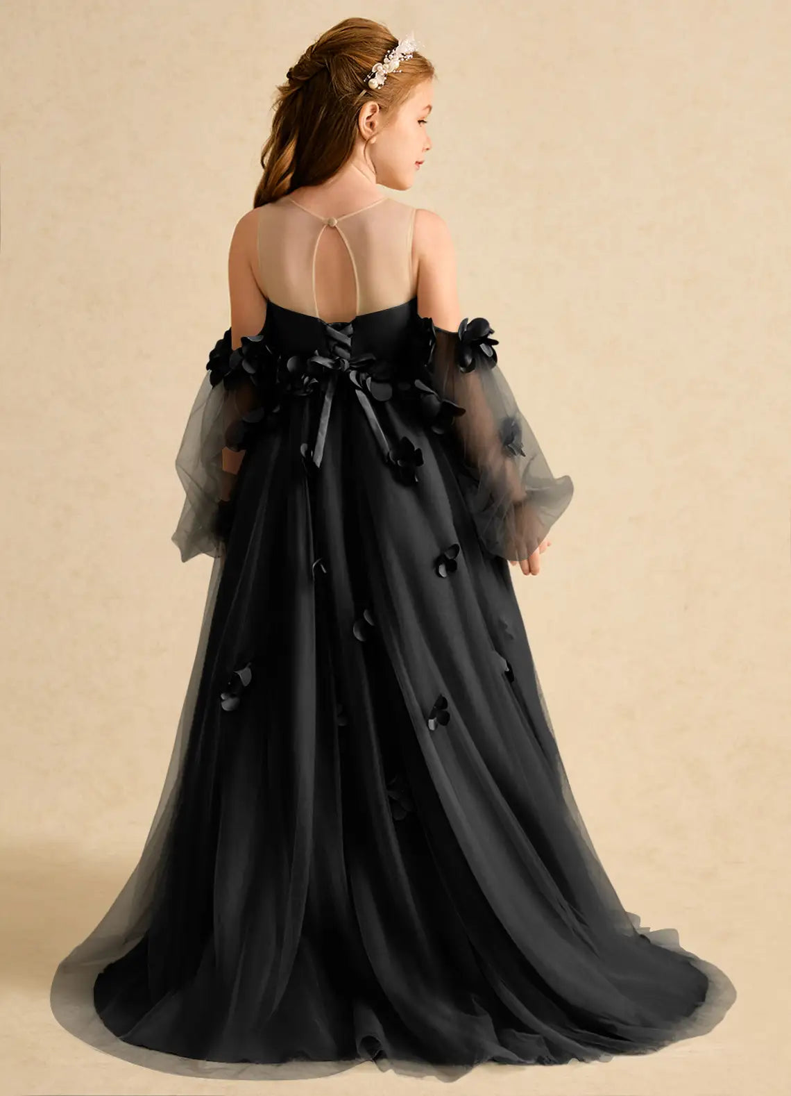 Illusion Neck Off-The-Shoulder Puff Tulle Sleeves 3D Floral Black Tulle High Low Train Flower Girl Dresses