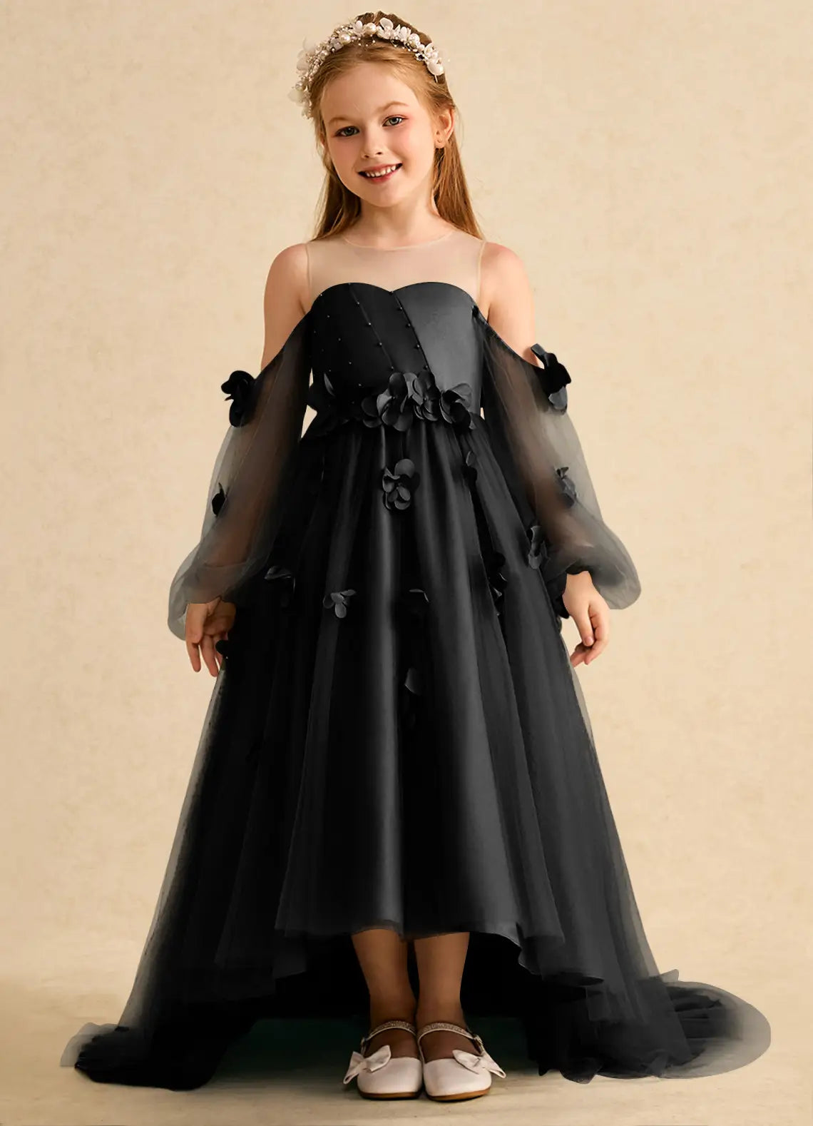 Illusion Neck Off-The-Shoulder Puff Tulle Sleeves 3D Floral Black Tulle High Low Train Flower Girl Dresses