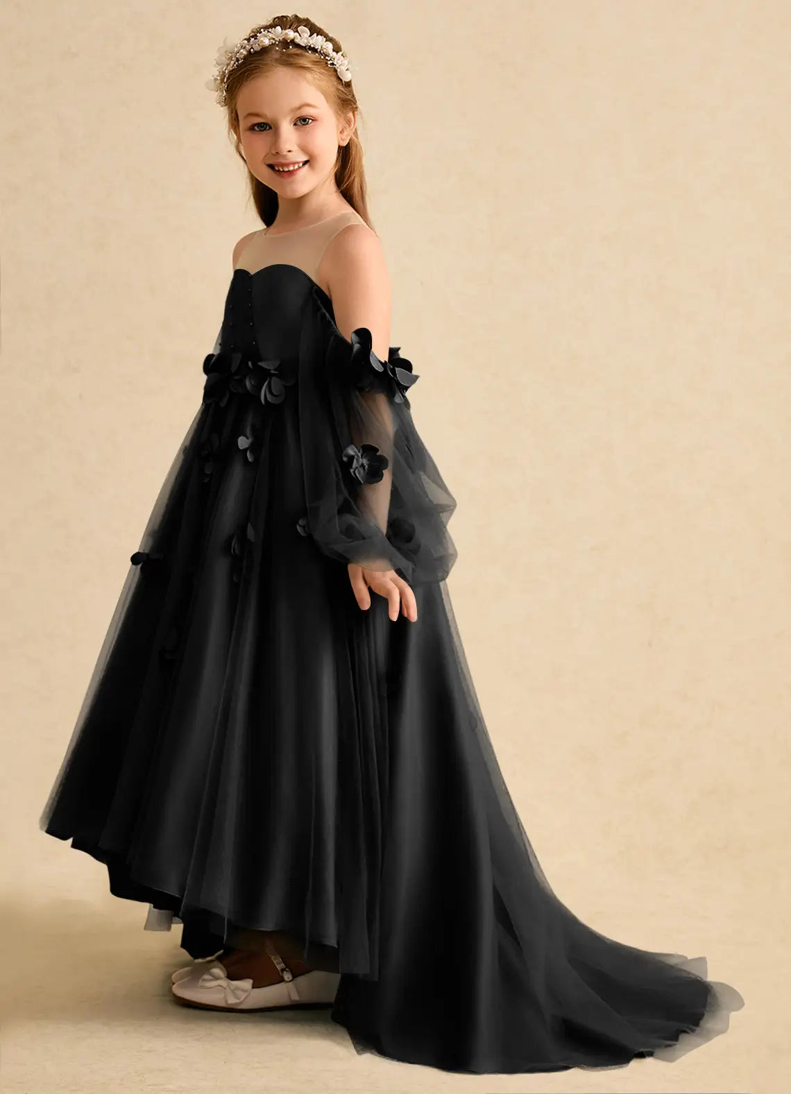 Illusion Neck Off-The-Shoulder Puff Tulle Sleeves 3D Floral Black Tulle High Low Train Flower Girl Dresses