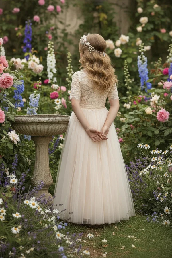 Illusion Neck Short Lace Sleeve Champagne Lace Tulle Maxi Flower Girl Dresses