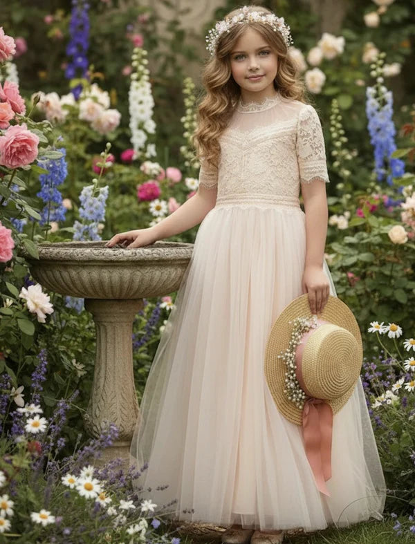 Illusion Neck Short Lace Sleeve Champagne Lace Tulle Maxi Flower Girl Dresses