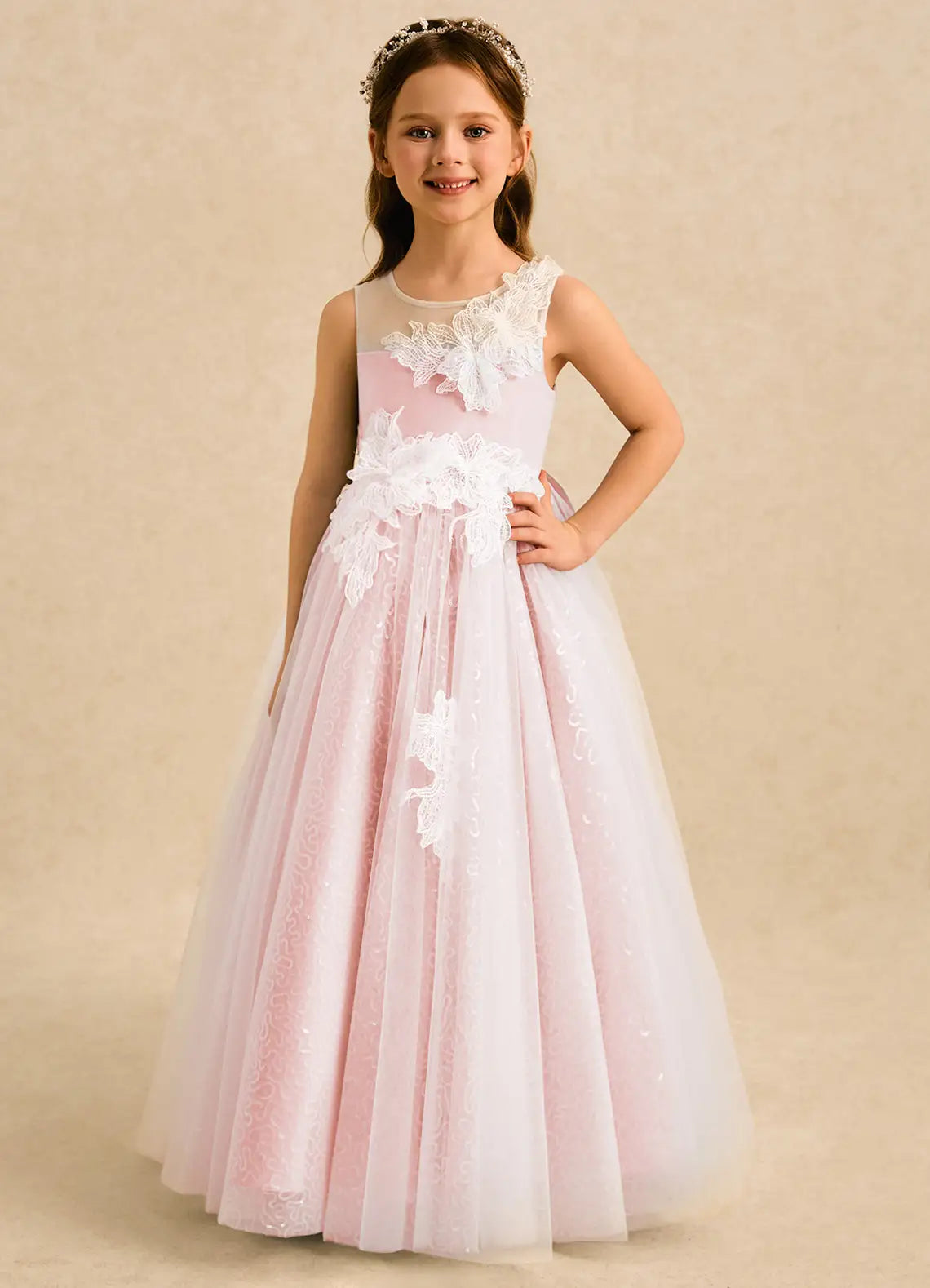 Illusion Neck Sleeveless Blush Tulle Full-Length Flower Girl Dresses with 3D Lace Appliques and Back Satin Bow