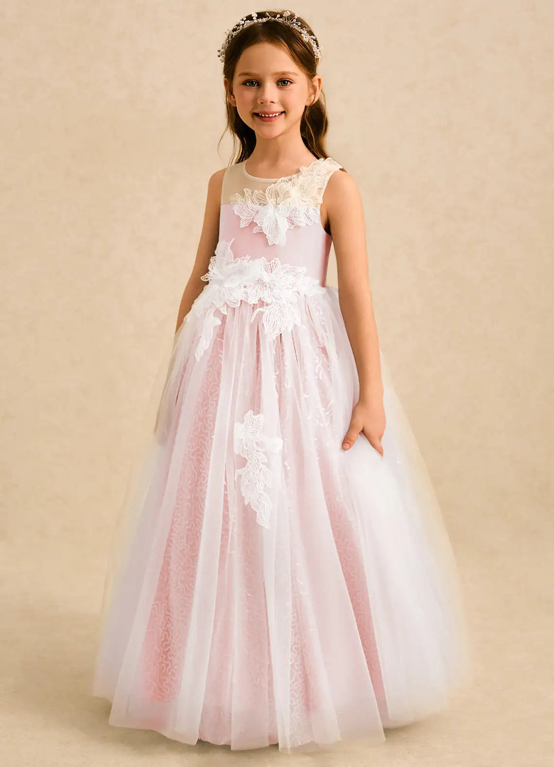 Illusion Neck Sleeveless Blush Tulle Full-Length Flower Girl Dresses with 3D Lace Appliques and Back Satin Bow