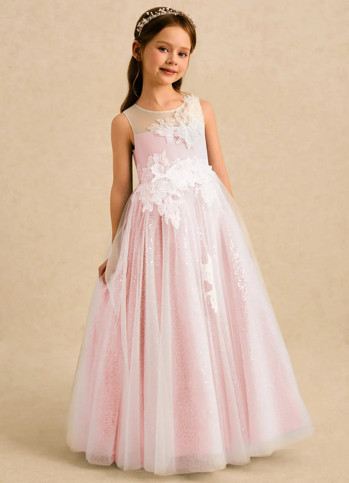Illusion Neck Sleeveless Blush Tulle Full-Length Flower Girl Dresses with 3D Lace Appliques and Back Satin Bow