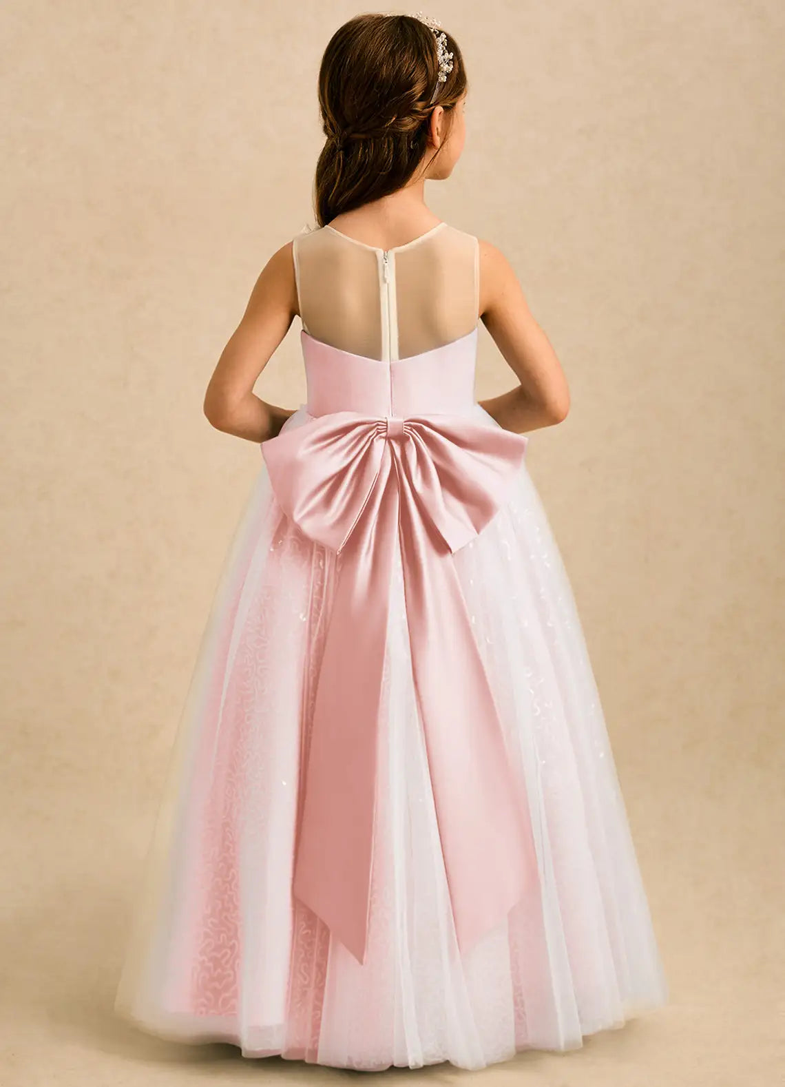 Illusion Neck Sleeveless Blush Tulle Full-Length Flower Girl Dresses with 3D Lace Appliques and Back Satin Bow
