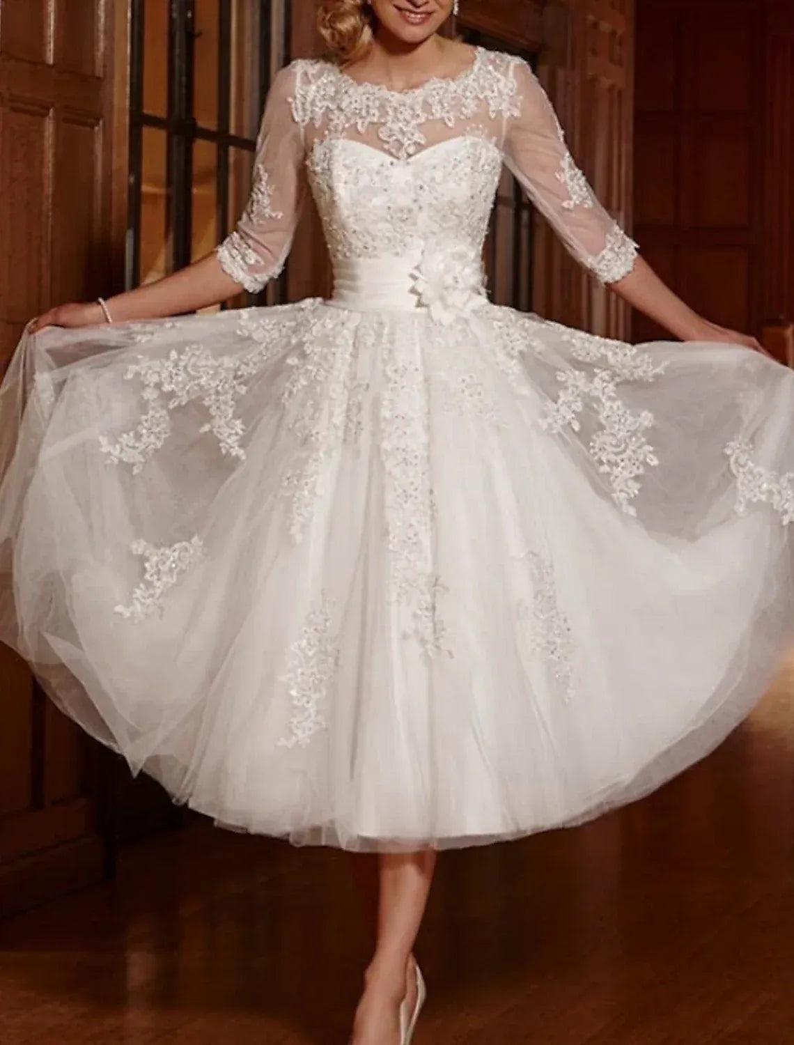 Illusion‑Neck Three‑Quarter‑Sleeve Lace Tea‑Length A‑Line Wedding Dress With Floral Appliqués