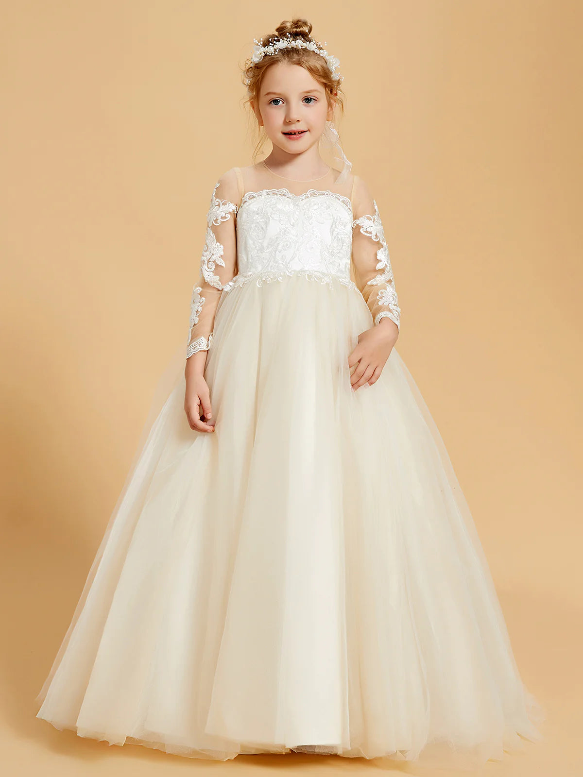 Illusion Round Neck Long Lace Sleeve V Back Pearl Button Floral Lace Champagne Tulle Floor Train Flower Girl Dresses