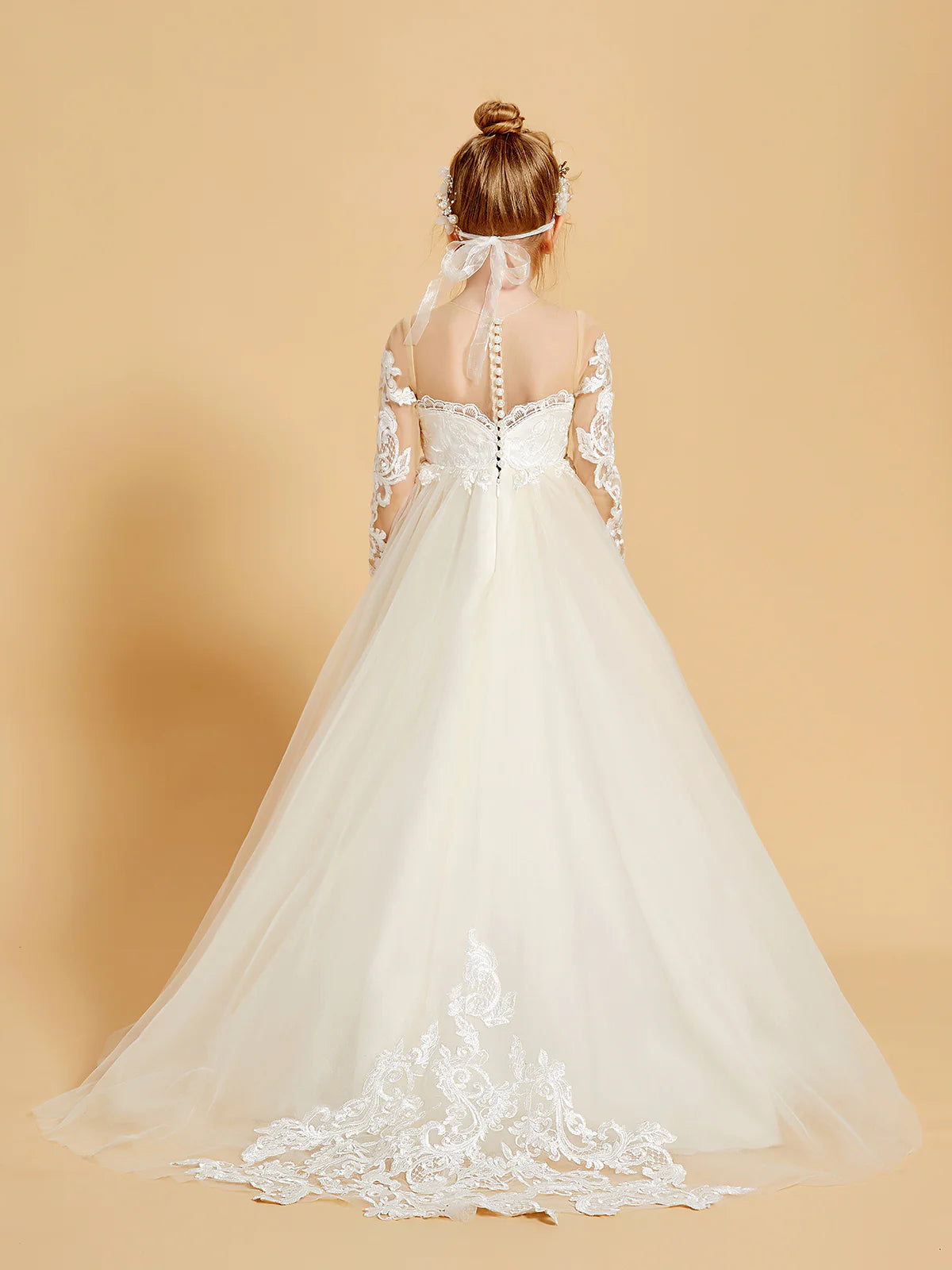 Illusion Round Neck Long Lace Sleeve V Back Pearl Button Floral Lace Champagne Tulle Floor Train Flower Girl Dresses