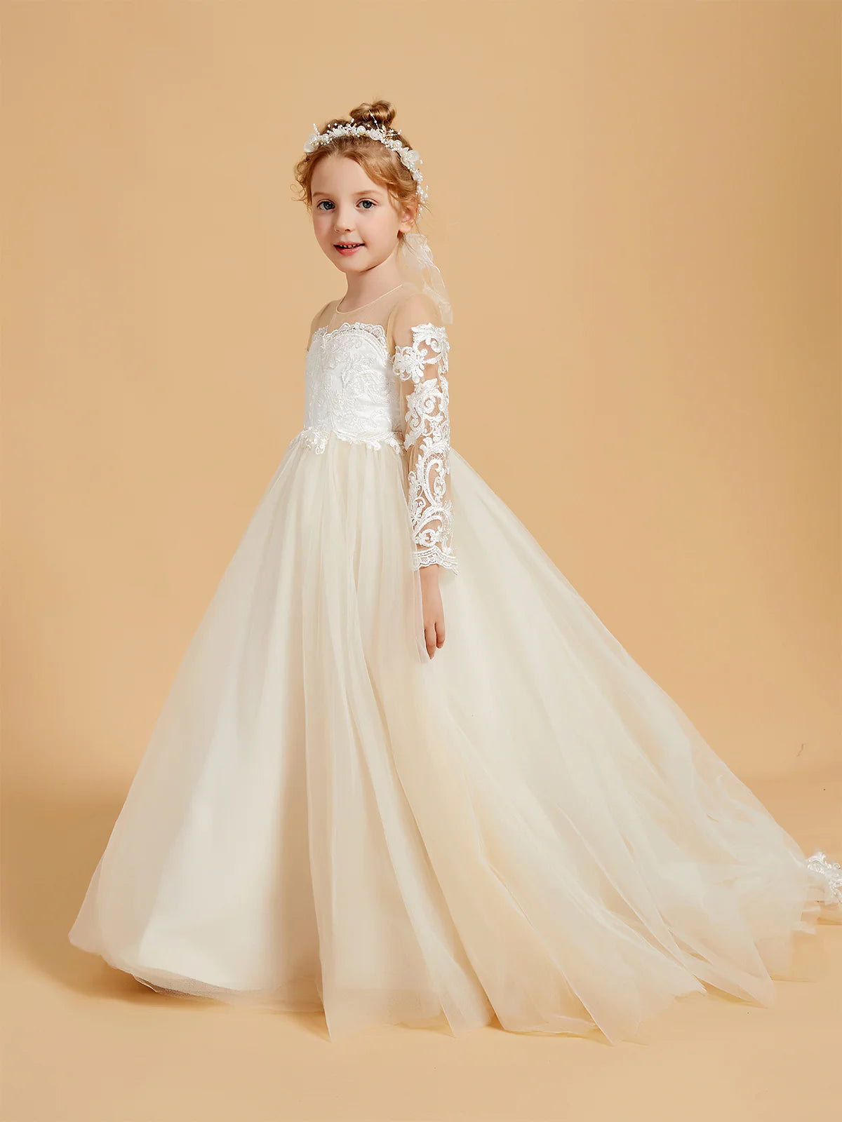 Illusion Round Neck Long Lace Sleeve V Back Pearl Button Floral Lace Champagne Tulle Floor Train Flower Girl Dresses