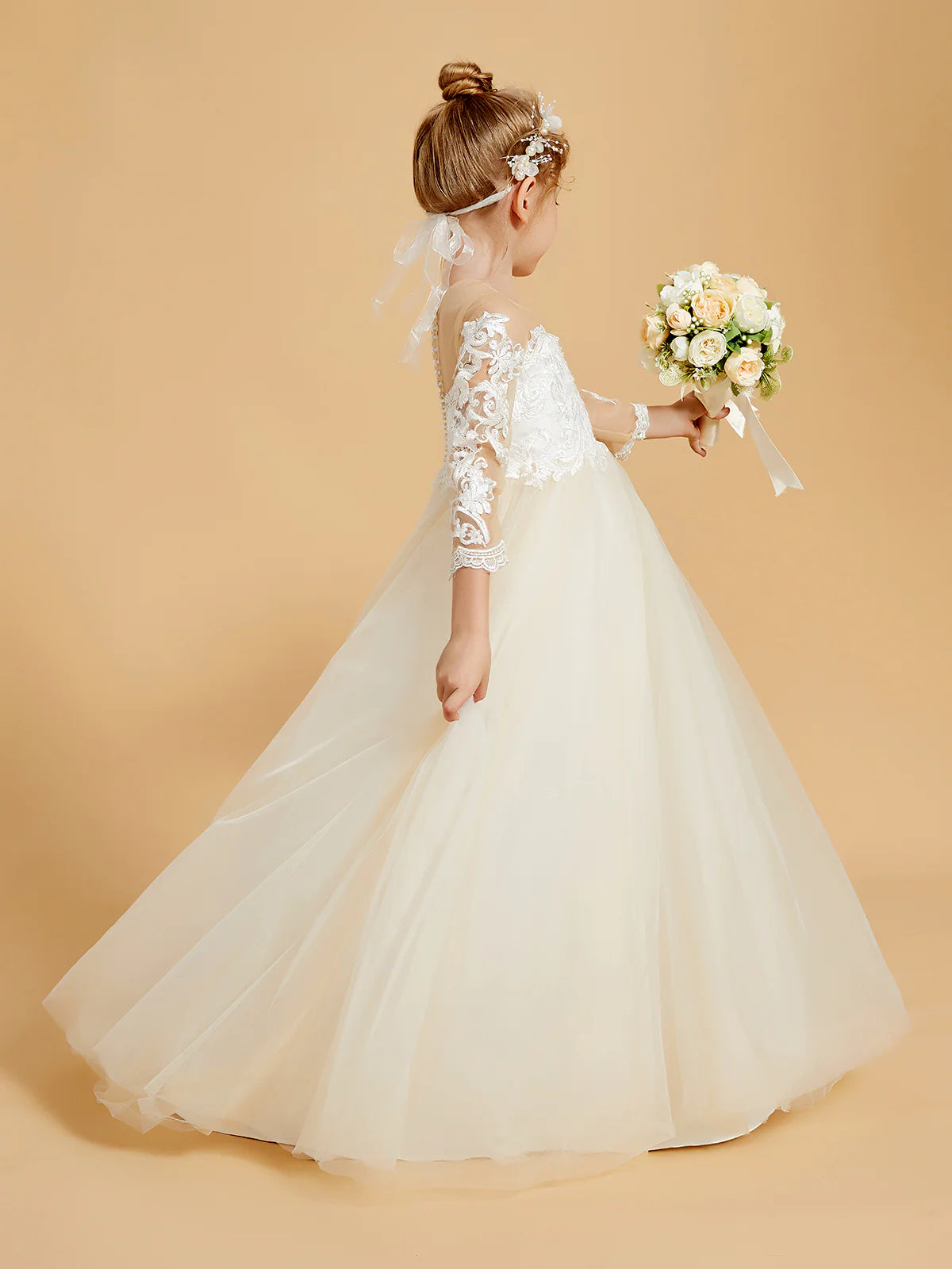 Illusion Round Neck Long Lace Sleeve V Back Pearl Button Floral Lace Champagne Tulle Floor Train Flower Girl Dresses