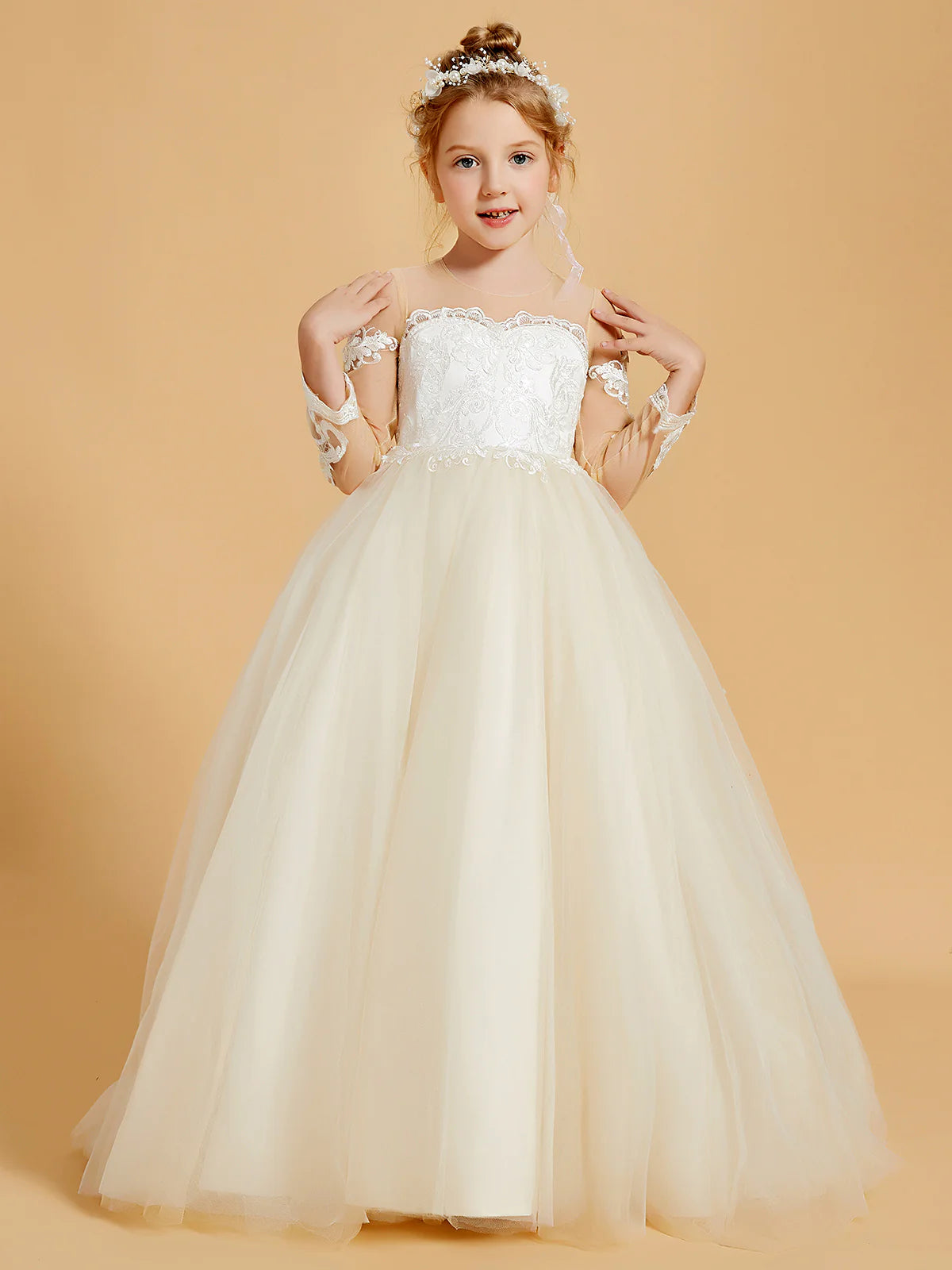 Illusion Round Neck Long Lace Sleeve V Back Pearl Button Floral Lace Champagne Tulle Floor Train Flower Girl Dresses