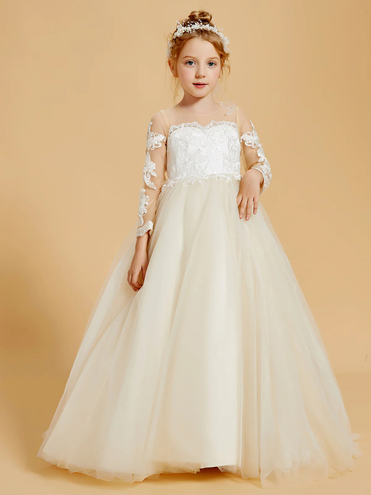 Illusion Round Neck Long Lace Sleeve V Back Pearl Button Floral Lace Champagne Tulle Floor Train Flower Girl Dresses