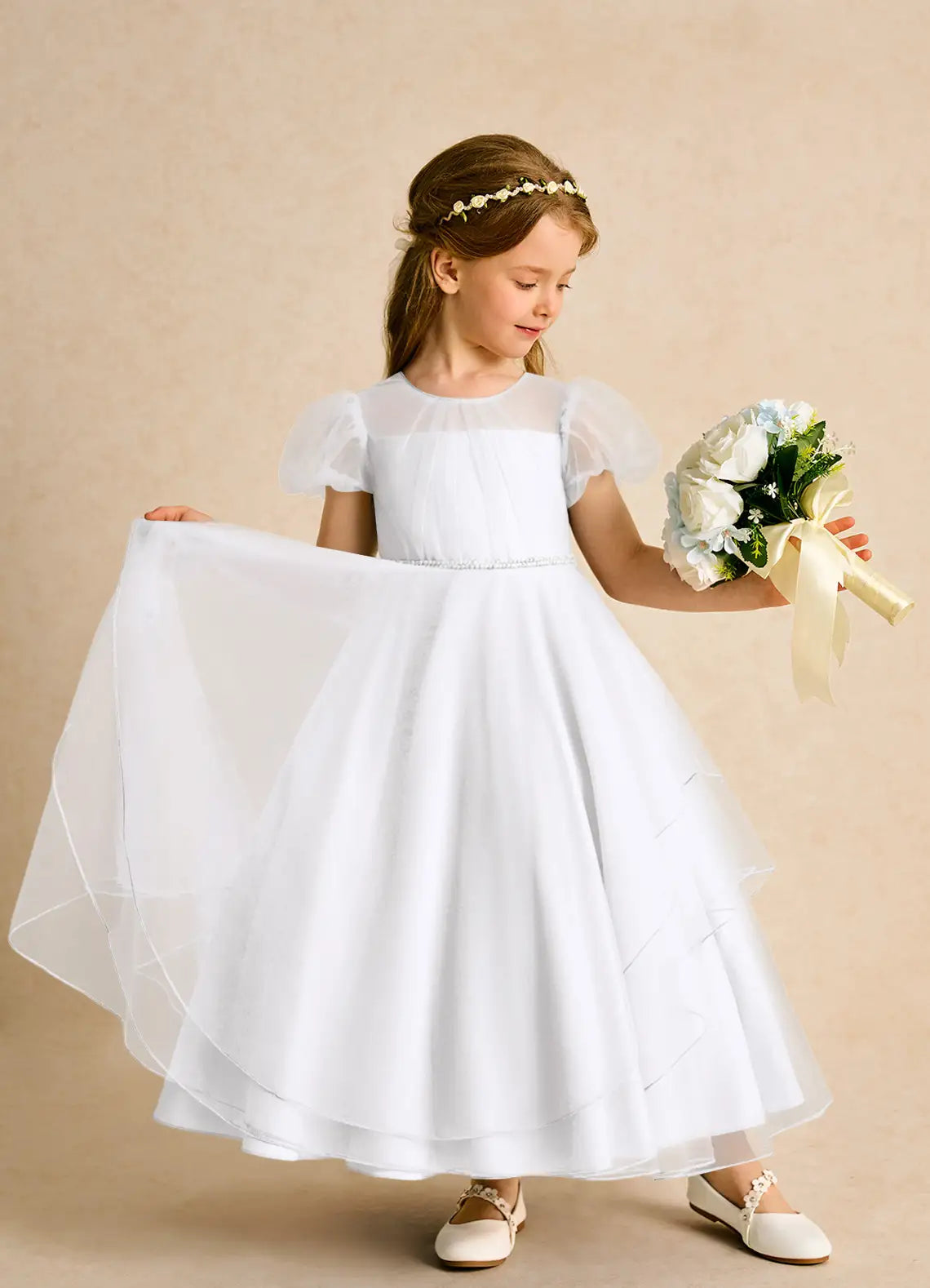 Illusion Round Neck Puff Short Sleeve Pearl Waistband Layered Tulle White Midi Flower Girl Dresses
